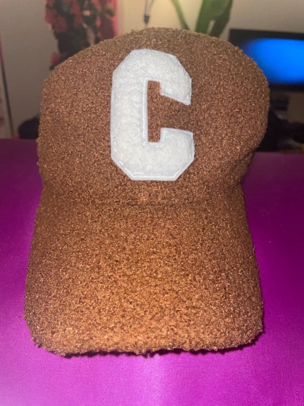 Brown Fuzzy Cap with White 'C' Patch